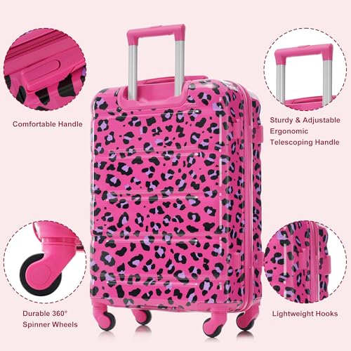 Image of Hardside Luggage Sets, Lightweight Stripes Suitcase with Spinner Wheels, Fuchsia Leopard Print
