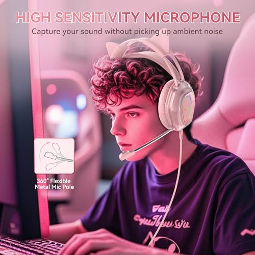 Wantek Cute Cat-Ear Gaming Headset - 50mm Drivers, Noise-Cancelling Mic, 3.5mm Wired Stylish & Lightweight Design for Xbox Ps4&5 (Pink) - Image 5