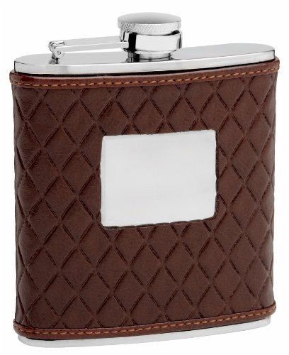 Leather Hip Flask Holding 6 oz - Quilted Pattern Design - Pocket Size, Stainless Steel, Rustproof, Screw-On Cap