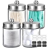 Amolliar 4Pc Apothecary Jars Bathroom Vanity Storage Organizer Set -Countertop Canister with Stainless Steel Lids &Stickers - Qtip Dispenser Holder for Qtip,Cotton Swab,Makeup Sponge (Brushed Nickel)