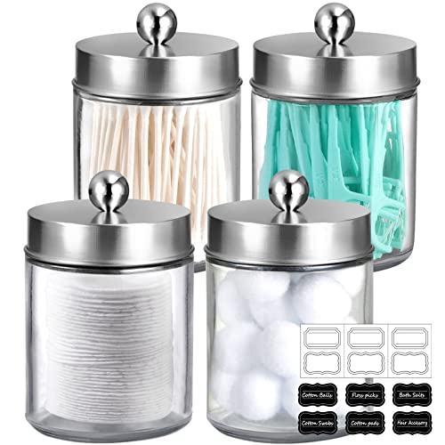 Amolliar 4Pc Apothecary Jars Bathroom Vanity Storage Organizer Set -Countertop Canister with Stainless Steel Lids &Stickers - Qtip Dispenser Holder for Qtip,Cotton Swab,Makeup Sponge (Brushed Nickel)