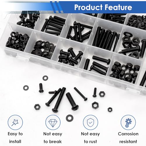 image for smseace 516Pcs Black Nuts and Bolts Assortment Kit 21-Sizes M3/M4/M5/M