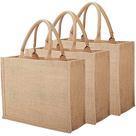3 Pack Burlap Tote Bags with Inner Zipper Pocket, Large Jute Tote Bag Reusable Grocery Bags Bridesmaid Wedding Gift Beach Travel Shopping Tote Bags Blank DIY Bags, 15.3 x 12.2 x 5.9 Inches Cover
