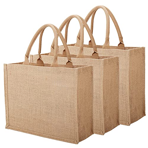 3 Pack Burlap Tote Bags With Inner Zipper Pocket, Large Jute Tote Bag Reusable Grocery Bags Bridesmaid Wedding Gift Beach Travel Shopping Tote Bags Blank Diy Bags, 15.3 X 12.2 X 5.9 Inches #TOP13