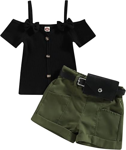 TheFound Trajes de verano para niñas pequeñas, sin mangas, de punto acanalado, halter, pantalones cortos, ropa para recién nacidos, conjunto de 3