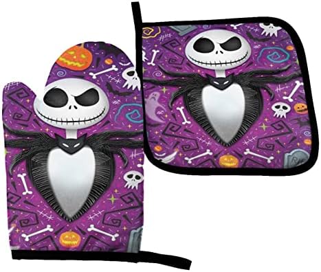 Halloween Oven Mitts and Pot Holders Sets Heat Resistant Holiday Decor Oven Gloves with Non-Slip Surface for Reusable for Baking BBQ Cooking