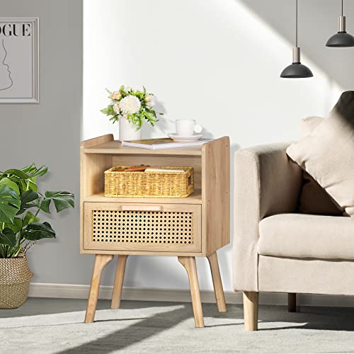 Lerliuo Rattan Nightstand, Boho Side Table with Drawer Open Shelf, Cane Accent Bedside End Table with Solid Wood Legs for Bedroom, Dorm and Small Spaces (Natural) by Lerliuo - Image 3