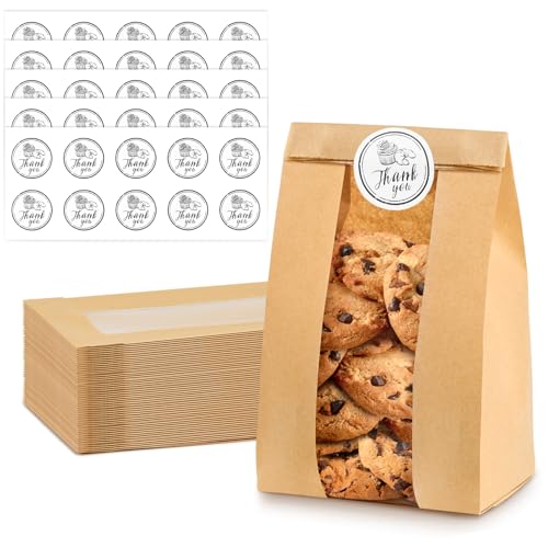 Ocmoiy 50Pcs Cookie Bags with Window, 3.5x2.3x7.5 Inch Kraft Paper Bakery Bags with Thank You Stickers for Snack, Popcorn, Coffee Bean, Party Favor, Cookie Packaging