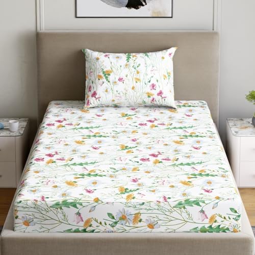 Image of Dreamscape 100% Cotton Bedsheet for Single Bed, 186 TC, 1 Bed Sheet (Size 59 x 87 inches) with 1 Pillow Cover - Pink