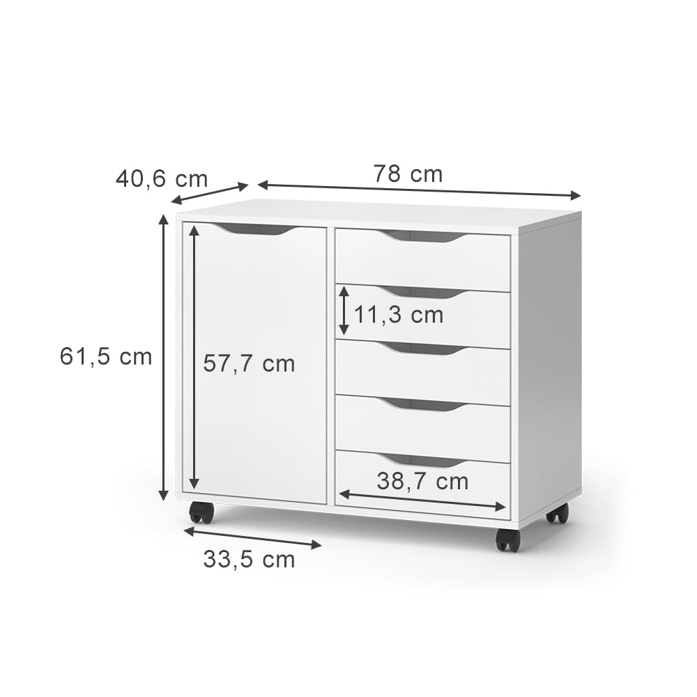 Vicco Aparador Otwin, Blanco, 40.6 x 61.5 cm | con 5 cajones y 1 puerta, para guardar ropa y artículos del hogar