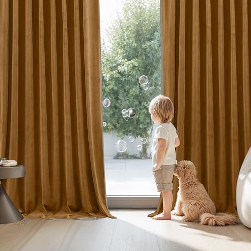 Image of StangH Mustard Gold Velvet Curtains 102 Inches Long for Dining Area, Extra Long Thick Drapes for French Door, Thermal Insulated Window Decor, W52 x L102, 2 Panels