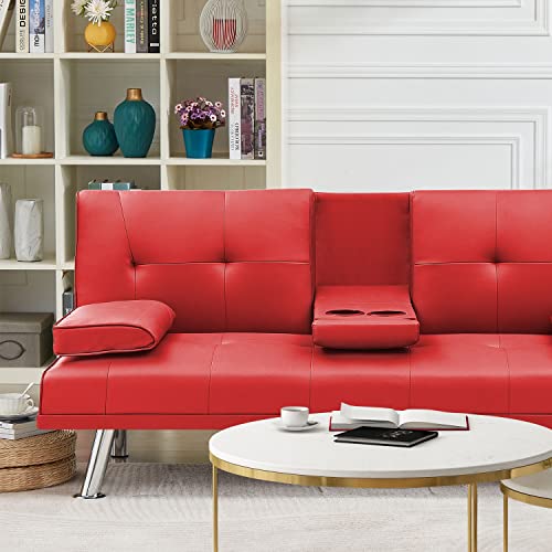 Dklgg Convertible Futon Sofa Bed, Reclining Lounge Couch Sofa With Armrests, 2 Cup Holders Faux Leather Upholstered And Metal Legs Sleeper Sofa Perfect For Living Room, Small Space, Apartment #TOP4