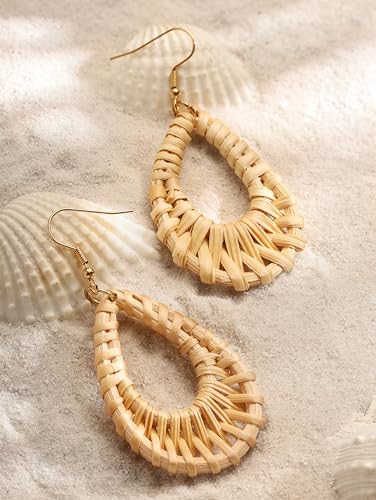 MINACHI Boho Chic Handmade Rattan Wood Dangle Drop Earrings for Women, Bohemian Summer Beach Statement Jewelry Gift for Women2