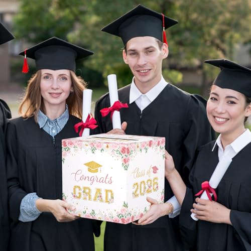 Image of Floral Graduation Card Box 2026, Pink Flower Congrats Grad Card Holder Box, Graduation Party Money and Gift Card Box, Foldable Graduation Gift Grad Parties, 8.7 x 8.7 x 8.7 Inch