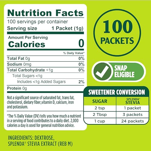 Image of SPLENDA Stevia Zero Calorie Sweetener, Sugar Substitute Packets, 100 Count (Pack of 1)