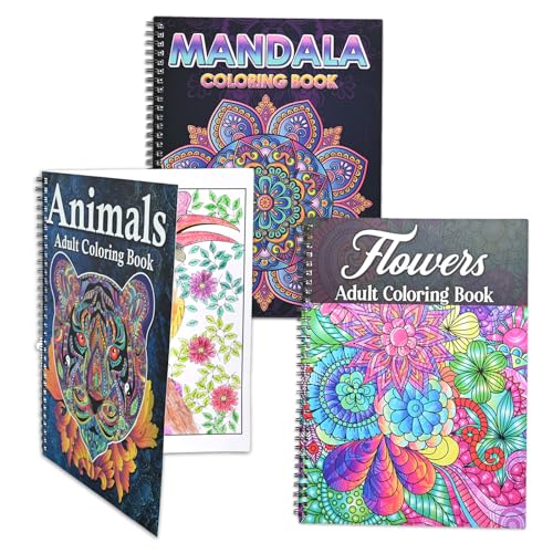Livre de coloriage pour adulte Lot de 3 mandalas animaux fleurs 60 pages avec reliure spirale