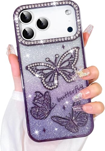 Image of Elzzi Electroplated Butterfly Phone Cover for iPhone 17 Pro Max Case, Showcasing Pearlescent Diamond TPU, Camera Protection, Shockproof, Dropresistant Stylish for Girls & Women (Deep Purple)