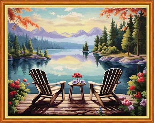 Image of Dimxvean Stamped Cross Stitch Kits,Cross Stitch Kits for Adults Beginners,Embroidery Kits Full Range of Cross Stitch Stamped Kits Needlepoint Kits Cross Stitch Patterns-Rest by the Lake 16x20 inch