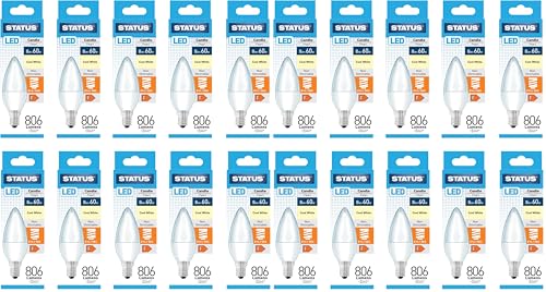 Image of Status LED Candle Bulbs, E14 Small Edison Screw, 8W 806lm Cool White 6500K, 60W Equivalent Decorative Lighting for Home or Office, White (8SLCCE14P1B10) (Pack of 2)