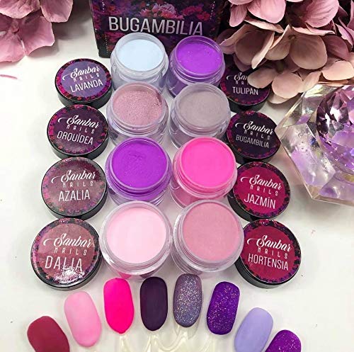 Wapizima Bugambilia Professional Acrylic Powder Collection, Purple and Pink Shades, 8 Colors