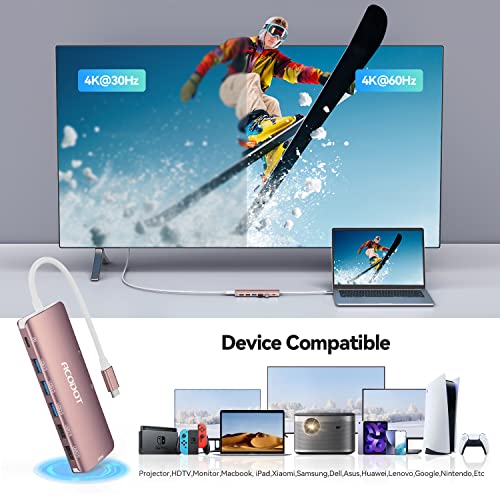 Image of USB C Hub, Acodot 9 in 1 USB C to 4K@60HZ HDMI Multiport Adapter, 3 USB 3.0 Ports, SD /TF Card Reader, 100W PD, USB C Hub Multiport Adapter Desigend for MacBook Pro Air HP XPS etc, Rose Gold