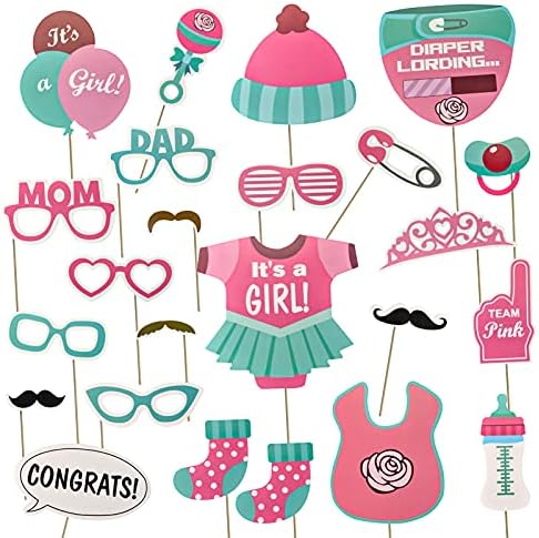 AIBAOBAO Baby Shower Decorations Girl, 23PCS Baby Shower Games Photo Booth Props, Gender Reveal and ITS A Girl Confetti for Baby Shower Decorations Supplies
