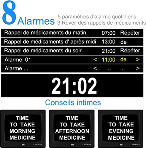 Image of Lemnoi 8'' LCD Digital Day Clock Calendar with Date /Day /Time, 8 Languages Auto-Dimming Digital Clock with 12 Programmable Alarms, Reminders Clock for Alzheimer Elderly & Child (Black)