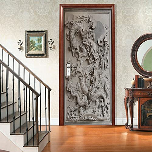 Relieve de DragóN Chino Impermeable Papel Pintado Puerta Mural 86x200 cm Gris Pegatina de Puerta Autoadhesiva para Dormitorio Cocina Baño y Salón Arte Decorativo de Pared