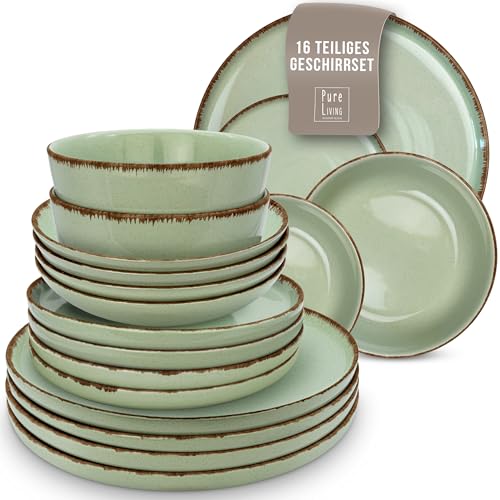 Set di Piatti per 6 Persone Rustic 16 Pezzi - Design Rustico e Moderno, Lavabili in Lavastoviglie - Set di Ciotole e Piatti Colorati - Pure Living Verde Menta