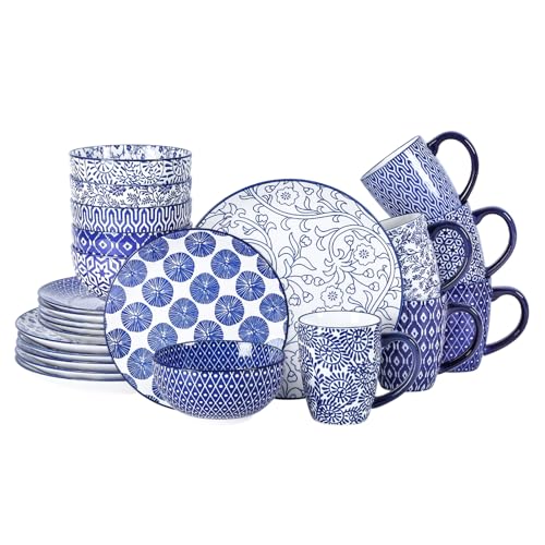 Selamica Ceramic Dinnerware Sets for 6, 24 Piece Plates and Bowls Sets, Scratch Resistant Dishes Set-Dishwasher & Microwave & Oven Safe, Vintage Blue A