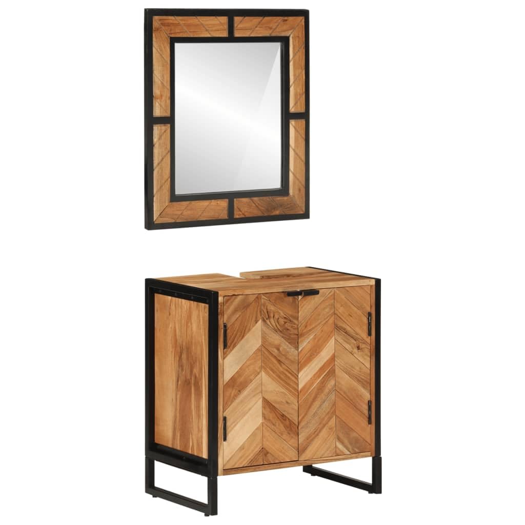 Juego de lavabo de hierro y madera de acacia con espejo de 2 piezas