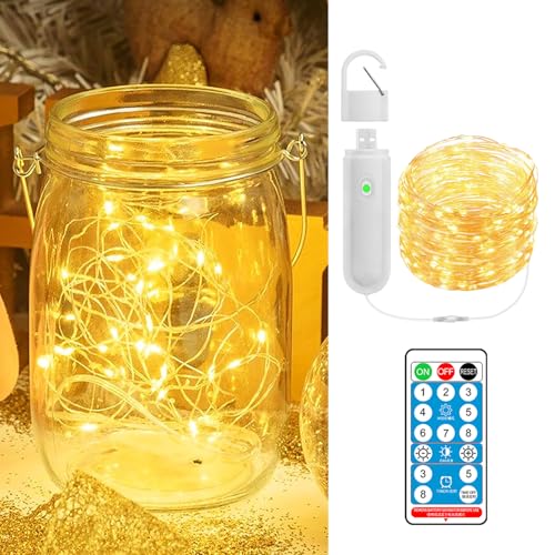 1 Pack Rechargeable Fairy Light with Remote & Timer 10M Reusable Charging String Light Copper Wire Light for Indoor Outdoor Lighting Christmas Tree Bottle Bedroom Party Wedding Decoration Warm White