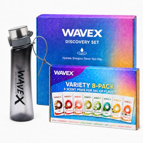 Image of WaveX Scented Water Bottle + 8 Aroma Scent Pods (Cola, Strawberry, Honey Peach, Energy Drink, Green Apple, Mint, Lemon, Orange Vanilla), Flip Top Lid, Straw & Carry Strap Included (Iron Mist Gray)
