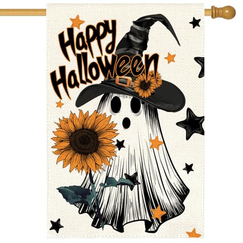 RABUSOFA Happy Halloween Trick Or Treat House Flag 28x40 Inch Double Sided Ghost Sunflower Holiday Yard Outdoor Decorative Flag Halloween Decorations Large