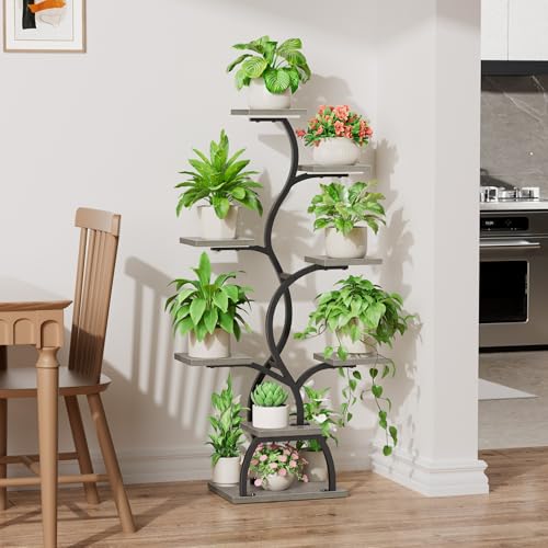 Image of Plant Stand Indoor with Grow Light - 8 Tiered Corner Plant Shelf Indoor | 49 inch Plant Holder with Lights for Indoor Growing, Tall Lighted Flower Stand for Living Room, Balcony, Gray