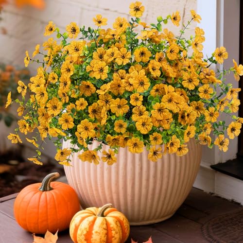 16 Bundles Artificial Mums Fall Flowers for Outdoors, Faux Fake Mums for Outdoor Planters Autumn Decorations,UV Resistant Silk Flowers Plastic Plants for Front Porch Patio Home Decor (16, Yellow)
