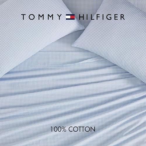 Image of Tommy Hilfiger - King Size Sheet Set, Crisp & Tailored Cooling Sheets with a Smooth Cotton Percale Lightweight Feel - Bed Sheets with Matching Pillowcases & Fitted Sheet (Gardena Check Blue)