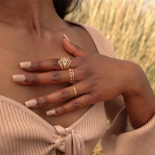 Gold V Ring for Women Chevron Cubic Zirconia 14K Gold Plated Minimalist Stack Enhancer Guard Band Finger Jewelry Size 6-82