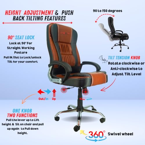 Image of NEWTURN Dragon HIGH Back (Pre Assembled) with Heavy Duty Metal Stand Premium Leather Ergonomic Boss Revolving Office Chair with 2 Years Warranty (Premium Tan Black)
