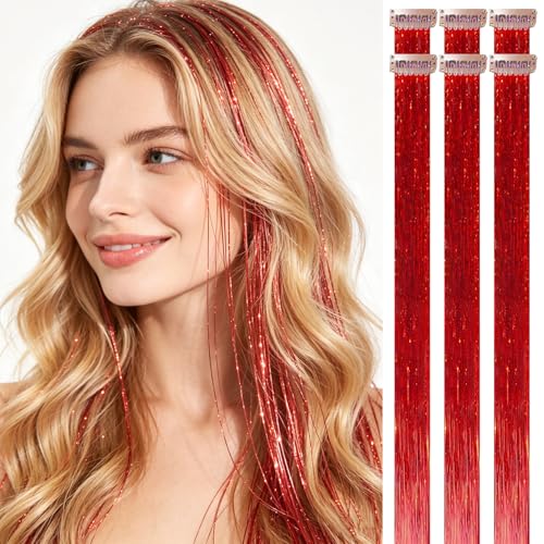 HANDWIG Bright Red Clip in Hair Tinsel 24 Inch 75 Strands Heat Resistant Glitter Hair Extensions 6 Packs Festive Fairy Hair for Christmas Valentine New Year Party