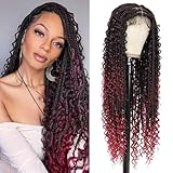 Yacurcur Boho Knotless Braided Wigs for Black Women Bohemian Box Braided Wigs Double Full Lace Braided Wigs with Baby Hair Synthetic Boho Braid Wig Burgundy Red 36Inch（BUG）