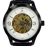 ORKINA New Mens Black Theme White Dial Automatic Mechanical Leather Strap Wrist Watch