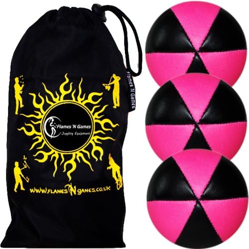 Flames 'N Games 3X Astrix UV Thud Juggling Balls Set of 3 Pro 6 Panel Leather Juggling Ball Set & Travel Bag! (Pink)