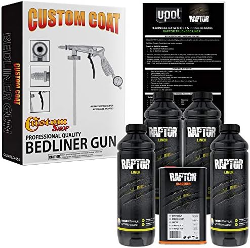 CUSTOM SHOP U-Pol Raptor Tintable Urethane Spray-On Truck Bed Liner Kit and Custom Coat Spray Gun with Regulator, 4 Quart Kit