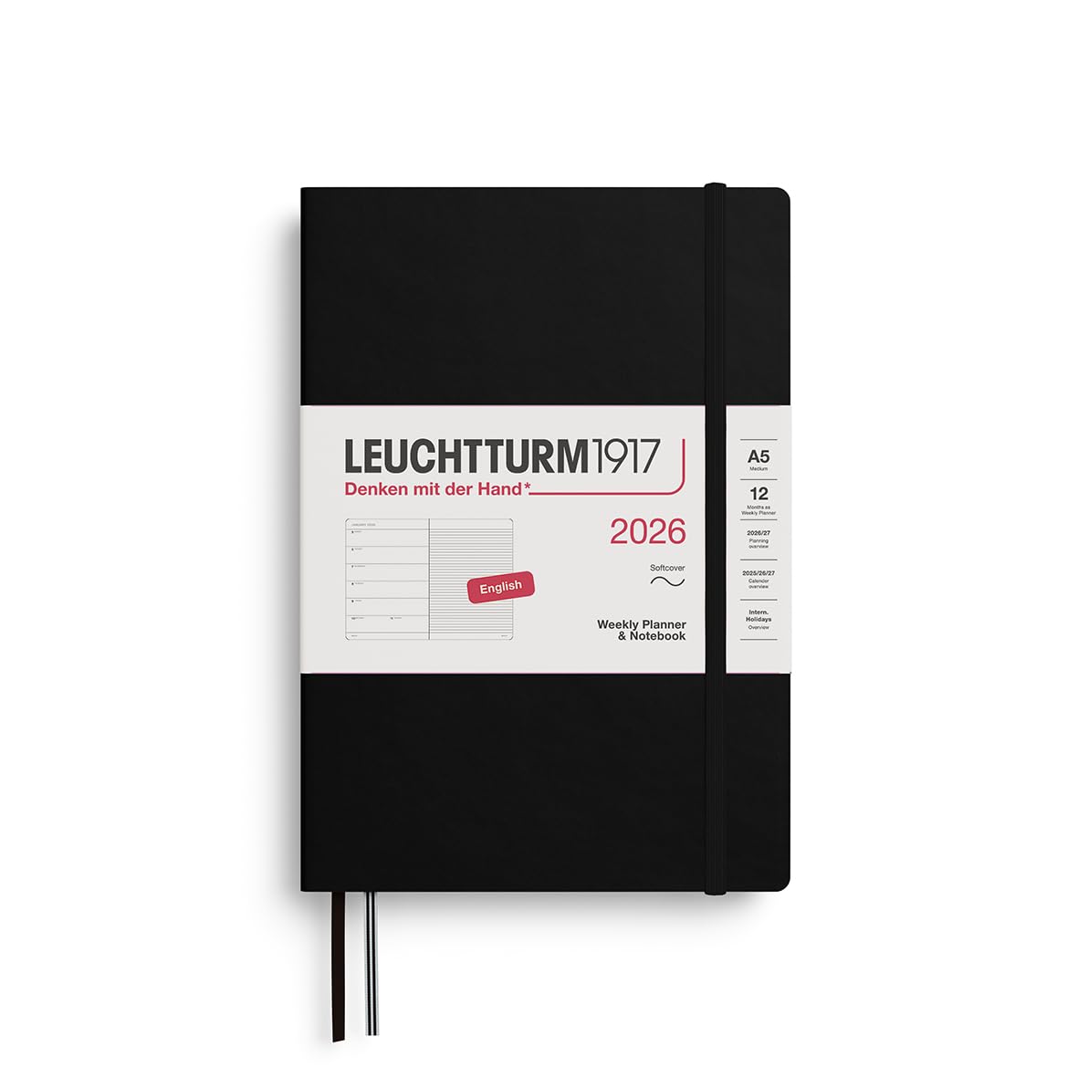 LEUCHTTURM1917 372671 Weekly Planner & Notebook Medium (A5) 2026, Softcover, 12 Months, Black, English