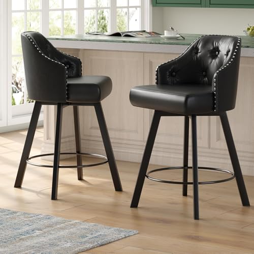 Tatub 26“ Black Swivel Bar Stools Set of 2, Counter Height Bar Stools with Backs and Arms, Faux Leather Kitchen Island Chairs, High Barstools