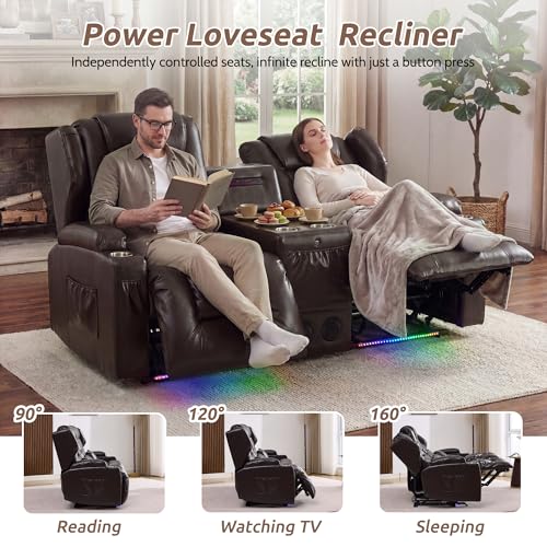 SAMERY Loveseat Recliner Sofa, Power Reclining Loveseat Sofa, Wall Hugger Recliners RV Couch with Console, Lift-Top Table, Rhythm & Ambient LED Lights, USB-C, Outlets, Faux Leather, Brown