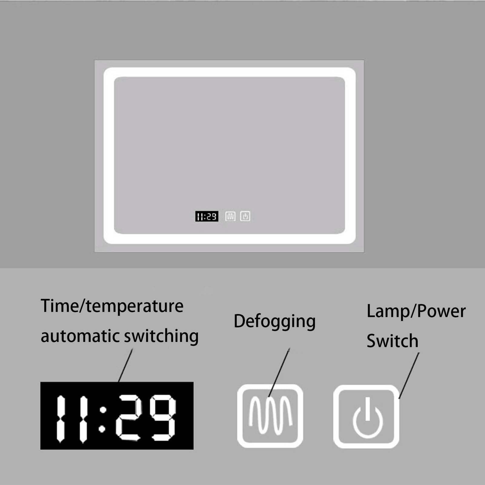 Espejo de Maquillaje LED Inteligente, Pantalla táctil antivaho con indicador de Hora y Temperatura, Espejo de tocador Rectangular con Marco de Metal Negro, Ideal para baño y Dormitorio (80 x