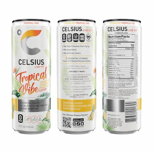 Image of CELSIUS Sparkling Tropical Vibe, Functional Essential Energy Drink, 12 Fl Oz (Pack of 4)