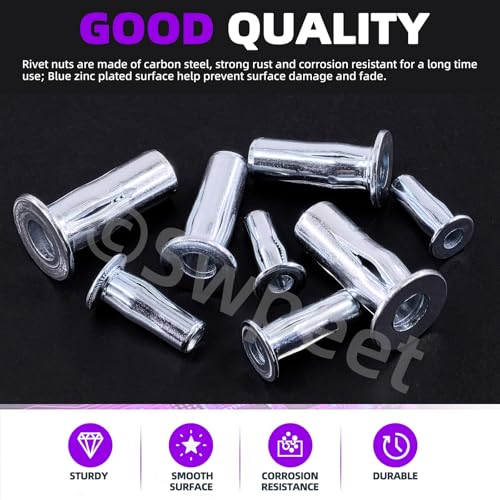 Miniatura 3 de Swpeet 15pcs M8 Tuercas De Remache De Acero Al Carbono Cincado De Color Blanco Con Múltiples Agarres Y Kit De Tuercas Y Remaches, Con Vástago En Bulbo, Inserto Roscado De Cabeza Plana, Tuerca De